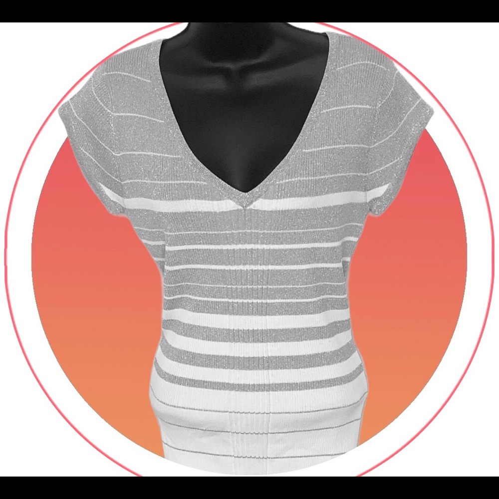 Notations women’s V-neck silver and white shimmer and sparkle sweater top